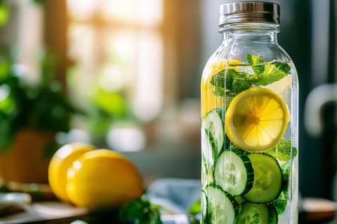 Bottle with healthy cucumber and lemon slices and mint detox drink. Generative Ai, AI generated