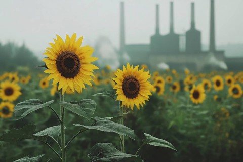 Field with growing sunflowers and factory with grey fumes in blurry background. Generative Ai, AI