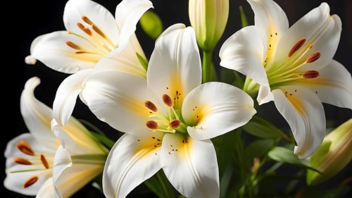 Blooming Easter lilies with soft white petals and a yellow center, bathed in gentle sunlight, AI