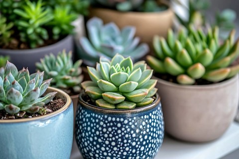 Different small succulent house plants in flower post. Generative AI, AI generated