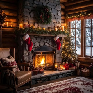 Traditional stone fireplace decorated for Christmas, with garlands, stockings, and candles, set in