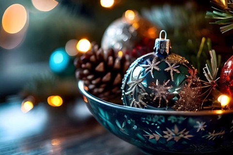 Christmas tree ornaments in a bowl, featuring a mix of glass baubles, pine cones, and fairy lights,