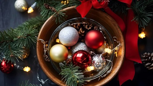 Christmas tree ornaments in a bowl, featuring a mix of glass baubles, pine cones, and fairy lights,