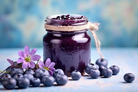 Jar with blueberry jam. KI generiert, generiert AI generated