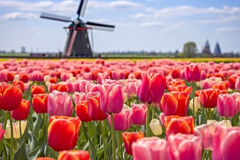 Field of bright red and pink tulip spring flowers with dutch windmill. KI generiert, generiert AI