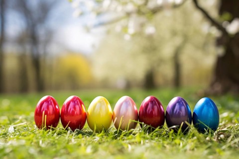 Colorful shiny easter eggs in a row in grass. KI generiert, generiert AI generated