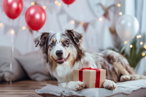 Australian Shepherd dog with birthday gift box and red and white balloons. KI generiert, generiert,