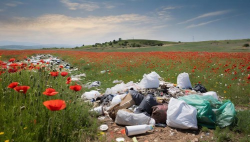 Symbolism, rubbish in the landscape, poppy field, AI-generated, AI-generated, AI generated