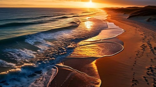 Aerial view of Sunset mood on a whispering tranquil costal landscape with sandy beach, AI generated