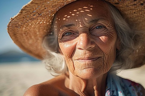 Elderly wrinkled womam with gray hair, tan skin and summer straw hat at sunny beach. KI generiert,