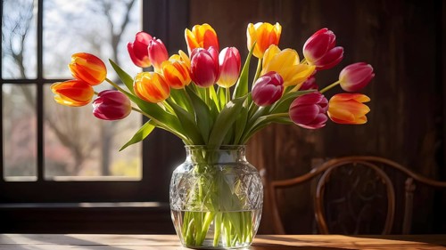 Vase of vibrant tulips aligned on an aged oak wood table, AI generated