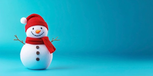 Cute snowman with knitted hatand scarf on blue background with copy space. Generative AI, AI