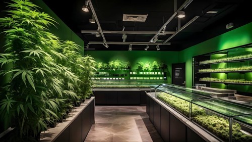 Cannabis dispensary interior with varieties of cannabis plants densely packed, AI generated