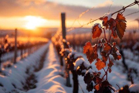 AI generated close up of winter in the vineyard with snow blankets dormant vines and ambient light