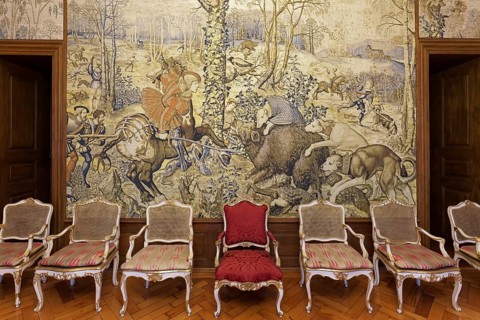 New Meersburg Castle, Audience Room with tapestry of Emperor Maximilian II hunting, Meersburg,