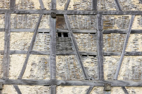 Old historic half-timbered house, gable, façade, in need of renovation, Swabian Alb,