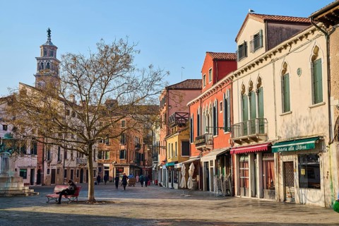 Houses on 'Campo santa margherita' town square in Venice on a sunny day in winter, Italy, Europe