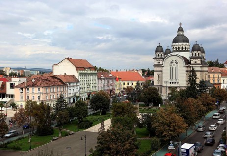 City of Targu Mures, buildings along the Piata Trandafirilor, on the elongated Rose Square, city