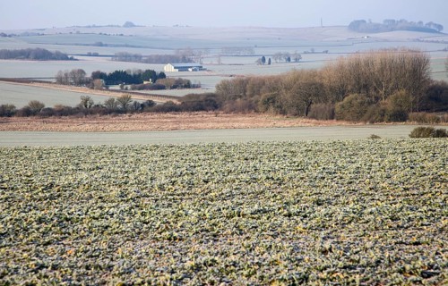 Frosty morning landscape looking south west from Windmill Hill, Avebury, Wiltshire, England, UK