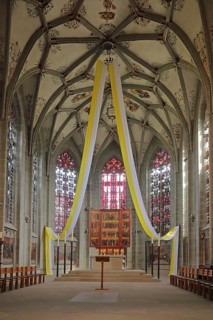 UNESCO Romanesque Church of St Mary and St Mark, interior view, chancel with high altar and stained