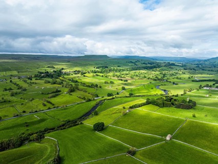 Farms and Fields over Yorkshire Dales National Park from a dron, North Yorkshire, England, United