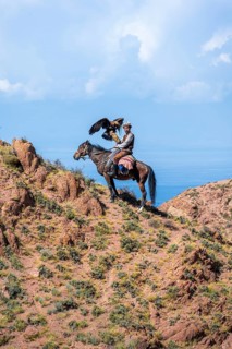 Traditional Kyrgyz eagle hunter with eagle in the mountains, hunting on horseback in front of dry