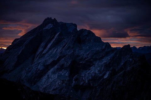 Montafon mountains with dramatic cloudy sky at sunrise, Tschagguns, Rätikon, Montafon, Vorarlberg,