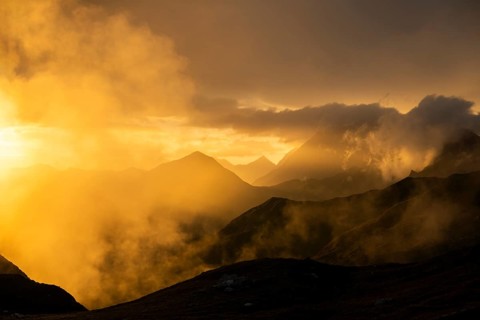 Montafon mountains with dramatic cloudy sky at sunset, Tschagguns, Rätikon, Montafon, Vorarlberg,