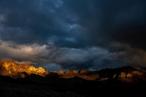 Montafon mountains with dramatic cloudy sky at sunset, Tschagguns, Rätikon, Montafon, Vorarlberg,