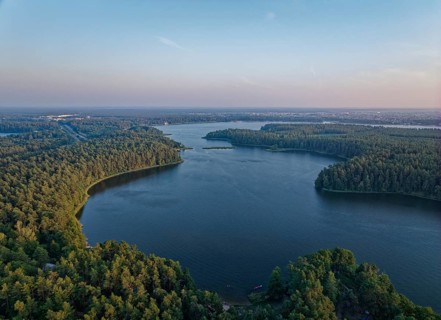 Aerial view of Lake Rospuda in the evening in northern Poland. Augustow, Podlaskie, Poland, Europe