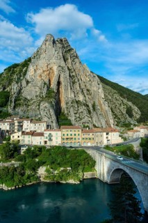 Sisteron. View from the foot of the Citadel on the Baume rock and the Durance riv,