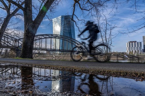 Building of the European Central Bank, ECB, cycle path on the Main in Frankfurt, Hesse, Germany,