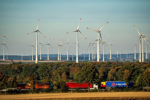 Wind farm near Bad Wünnenberg, OWL, A44 motorway, HGV traffic, North Rhine-Westphalia, Germany,