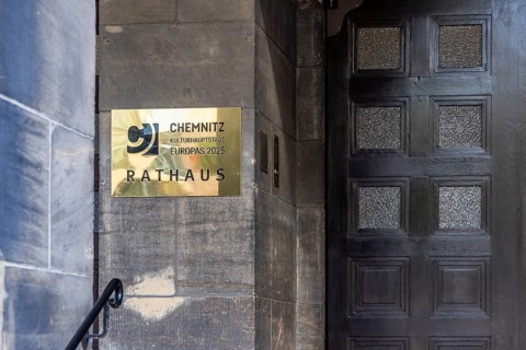 New Chemnitz City Hall, city administration. Door sign with the inscription European Capital of