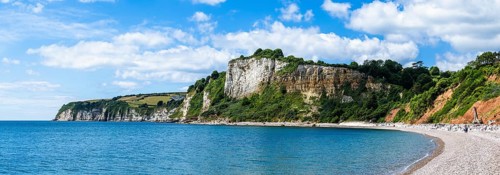 Panorama of White Cliff from a drone, Jurassic Coast, Seaton, Devon, England, United Kingdom,