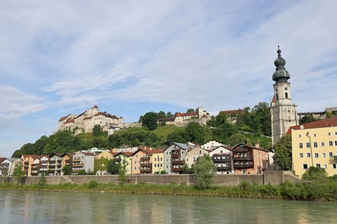 Panorama of the old town with river Salzach and castle, Burghausen, district of Altötting, Upper