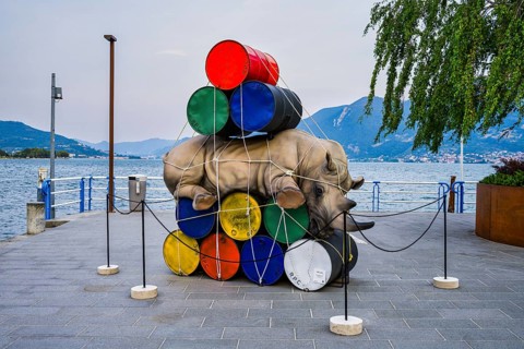 Sculpture on Lake Iseo, Iseo, Lombardy, Italy, Europe