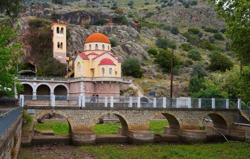 Orthodox church with bridge in mountainous landscape, Church of Mary the Fountain of Life,