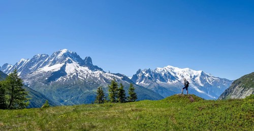 Mountaineer in front of a mountain panorama with glaciated mountain peaks, Aiguille Verte with