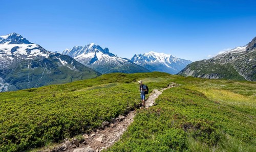 Mountaineer on hiking trail in front of mountain panorama with glaciated mountain peaks, Aiguille