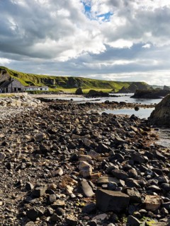 Pristine rocky coastline, coastline in summer, Ballintoy Harbour, Causeway Coastal Route, Antrim,