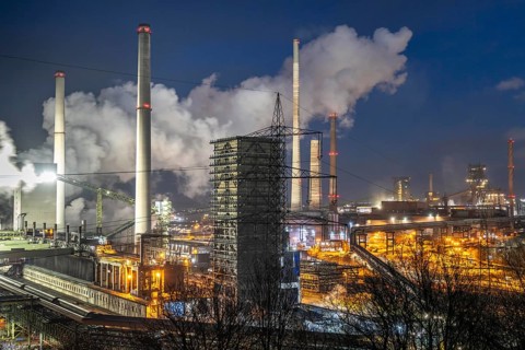 The Thyssenkrupp Steel steelworks in Duisburg-Marxloh, on the Rhine, quenching tower of the coking