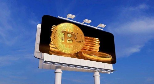 Symbolic image, Bitcoin on billboard, positive mood, questionable vision of the future, stock