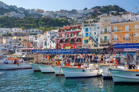 Waterfront at the Marina Grande boat harbour with excursion boats, Capri, Campanian Archipelago,
