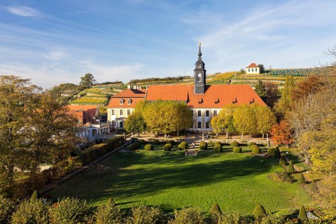 View from the Heinrichsburg castle to the French part of the castle park, baroque castle, vineyard