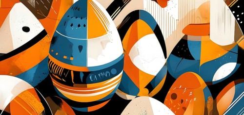 Illustration of an abstract Easter egg design with geometric patterns, bold colors, and a mix of