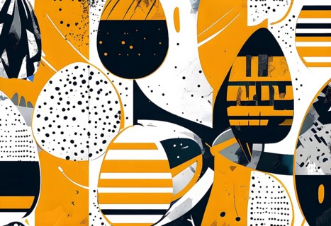Illustration of an abstract Easter egg design with geometric patterns, bold colors, and a mix of