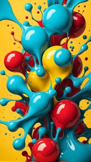 Abstract image with vibrant blue and red blobs and liquid shapes on a yellow background, AI