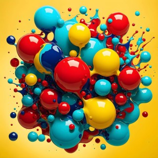 Abstract image with vibrant blue and red blobs and liquid shapes on a yellow background, AI