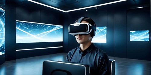 Three dimensional render of a man wearing virtual reality glasses, AI generated